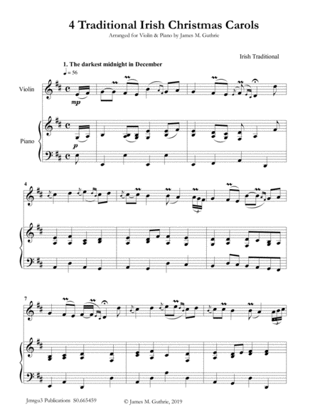 4 Traditional Irish Christmas Carols For Violin Piano Sheet Music