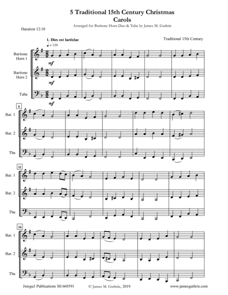 5 Traditional 15th Century Christmas Carols For Baritone Horn Duo Tuba Sheet Music