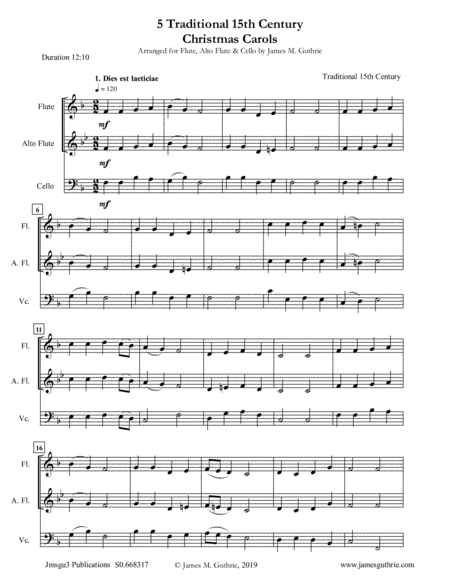 Free Sheet Music 5 Traditional 15th Century Christmas Carols For Flute Alto Flute Cello