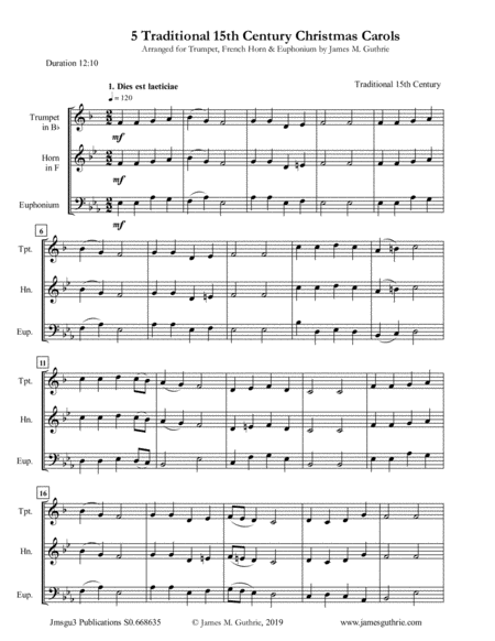 Free Sheet Music 5 Traditional 15th Century Christmas Carols For For Trumpet Horn Euphonium