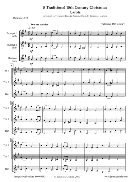 Free Sheet Music 5 Traditional 15th Century Christmas Carols For Trumpet Duo Baritone Horn