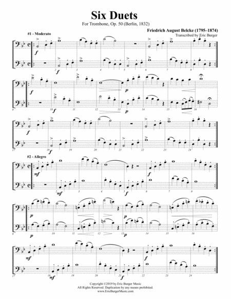 6 Duets Op 50 By Friedrich August Belke For Trombone Sheet Music