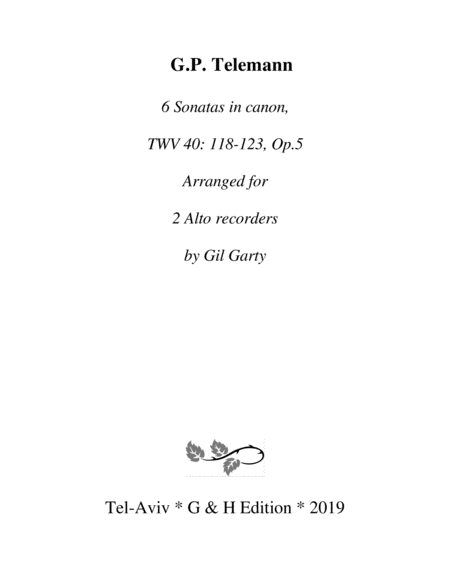 6 Sonatas In Canon Twv 40 118 123 Op 5 Arrangements For 2 Alto Recorders Sheet Music