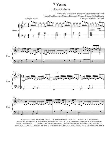 7 Years Piano Solo Sheet Music