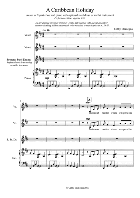 A Caribbean Holiday For Unison Or 2 Part Choir And Piano With Optional Steel Drum Sheet Music