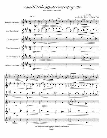 A Corelli A Christmas Concerto Grosso Movement Ii Pastorale For Sax Sextet Sheet Music