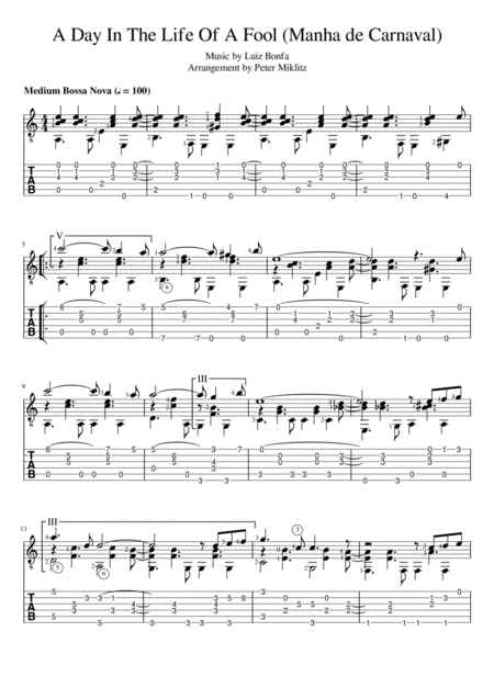 A Day In The Life Of A Fool Manha De Carnaval In Standard Notation And Tab Sheet Music