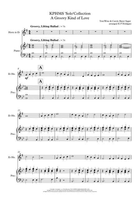Free Sheet Music A Groovy Kind Of Love Solo For Eb Tenor Horn And Piano