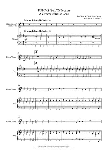 Free Sheet Music A Groovy Kind Of Love Solo For Trombone Or Euphonium Treble Clef With Piano