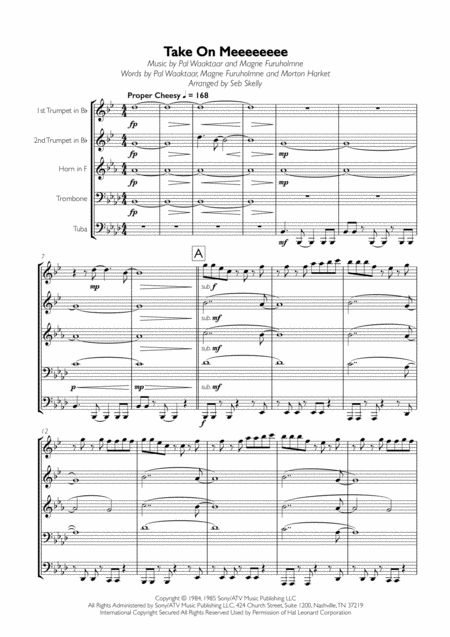 A Ha Take On Me For Brass Quintet Sheet Music