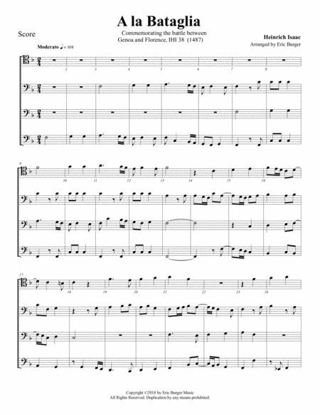 Free Sheet Music A La Bataglia For Trombone Or Low Brass Quartet