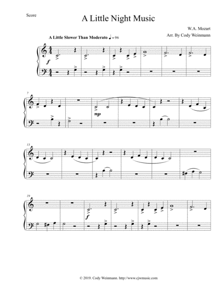 A Little Night Music Arrangement For Easy Piano Sheet Music