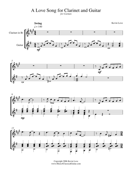 Free Sheet Music A Love Song For Clarinet And Guitar Score And Parts