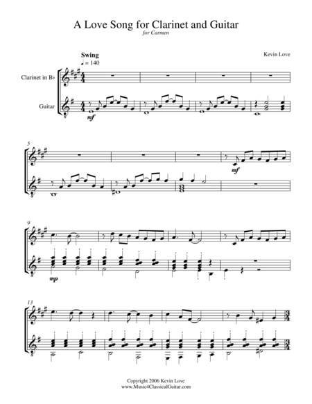 A Love Song For Clarinet And Guitar Score And Parts Sheet Music