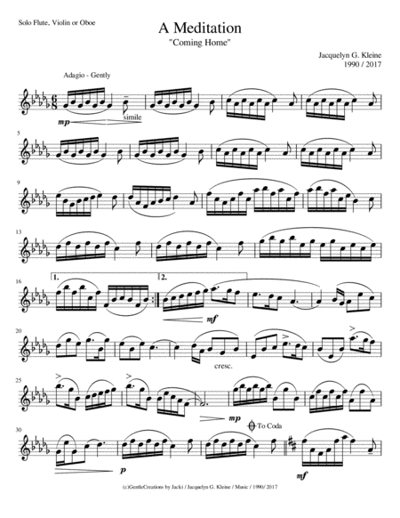 Free Sheet Music A Meditation Coming Home Solo Flute Violin Or Oboe