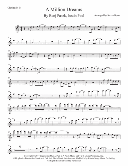 A Million Dreams Easy Key Of C Clarinet Sheet Music