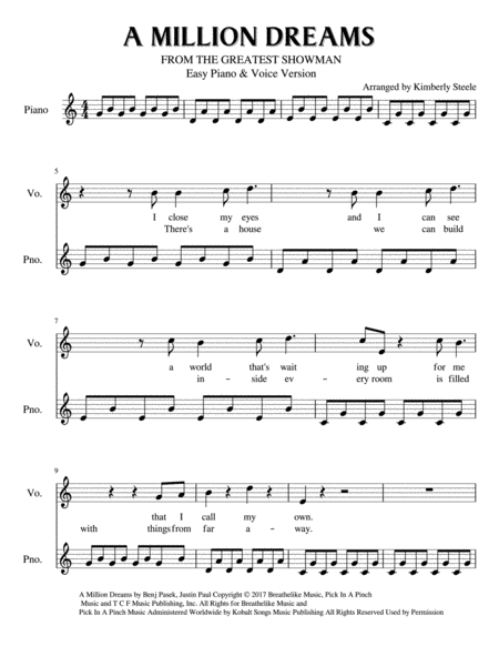 Free Sheet Music A Million Dreams Easy Piano Voice Version