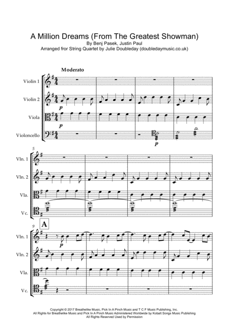 Free Sheet Music A Million Dreams For String Quartet Score And Parts