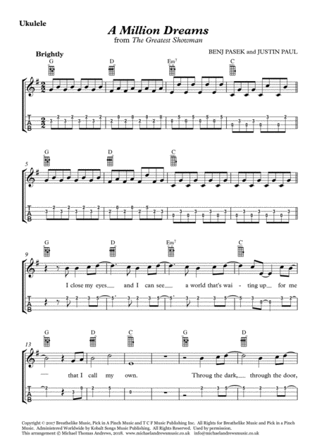 Free Sheet Music A Million Dreams For Ukulele With Tab