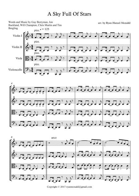 A Sky Full Of Stars String Quartet Sheet Music