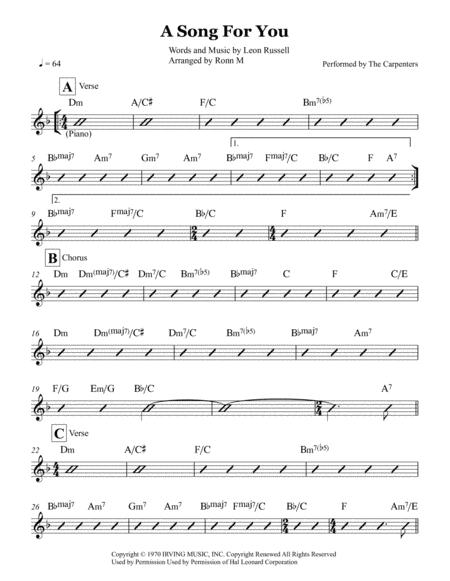 A Song For You Lead Sheet Performed By The Carpenters Sheet Music