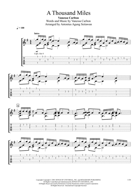 A Thousand Miles Fingerstyle Guitar Solo Sheet Music