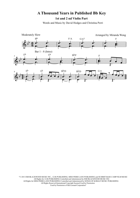 Free Sheet Music A Thousand Years 2 Violins Cello Trio In Published Bb Key With Chords