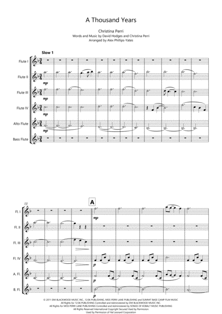 A Thousand Years By Christina Perri Flute Choir Or Flute Sextet 4 Flutes Alto Flute Bass Flute Sheet Music