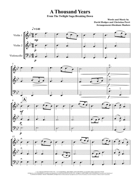 A Thousand Years By Christina Perri Two Violins And Cello Trio Sheet Music