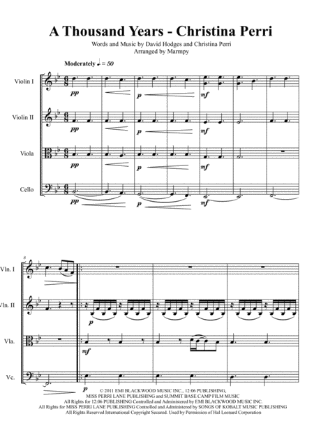 Free Sheet Music A Thousand Years Christina Perri Arranged For String Quartet