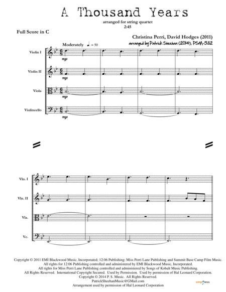 A Thousand Years Christina Perri For String Quartet Full Score Set Of Parts Sheet Music