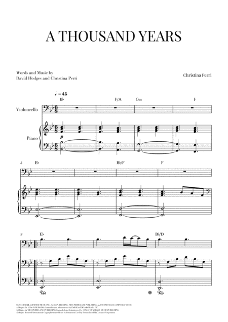 Free Sheet Music A Thousand Years For Cello And Piano