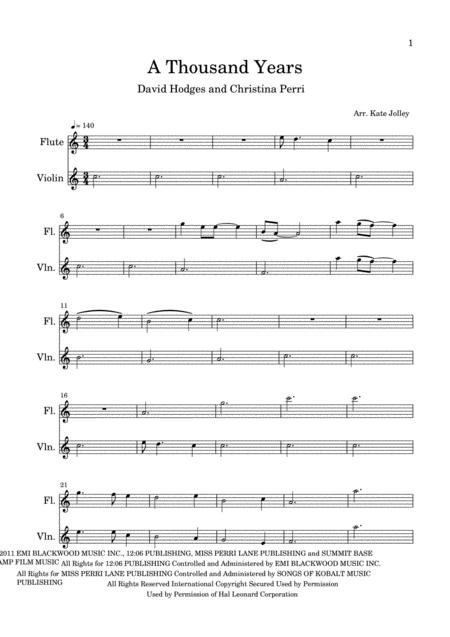 Free Sheet Music A Thousand Years For Flute And Violin
