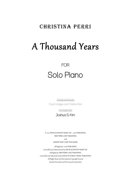 A Thousand Years For Solo Piano Full Length Intermediate Level Sheet Music