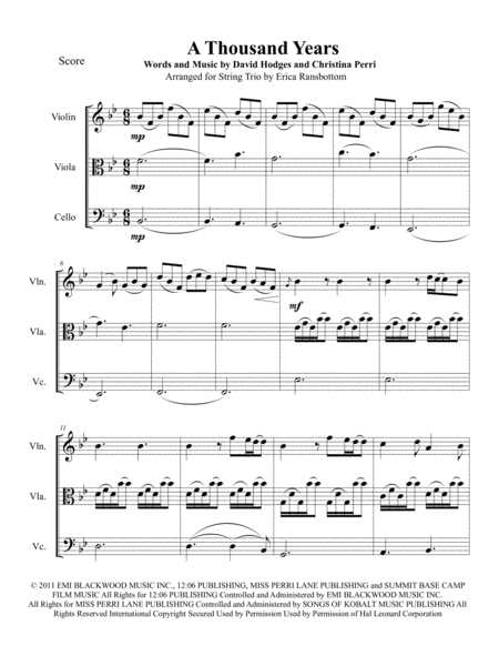 A Thousand Years For String Trio Violin Viola Or 2nd Violin Cello Sheet Music