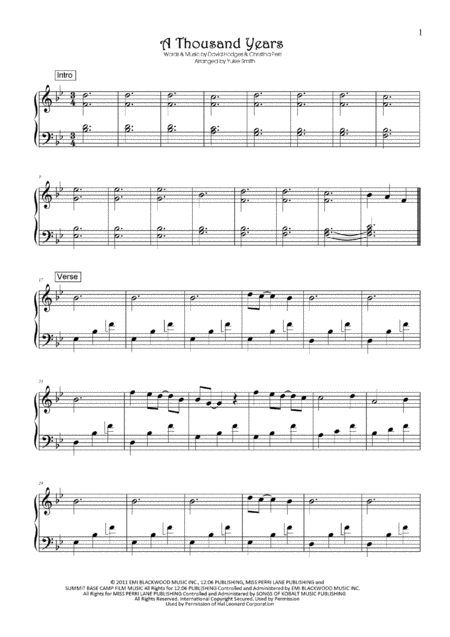 A Thousand Years In Original Key Sheet Music