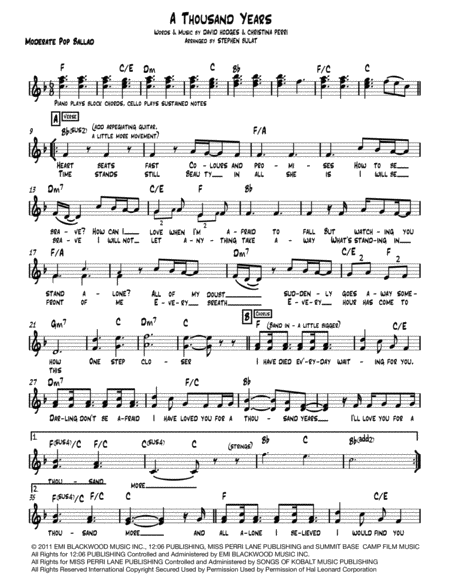 Free Sheet Music A Thousand Years Lead Sheet Melody Lyrics Chords In Key Of F