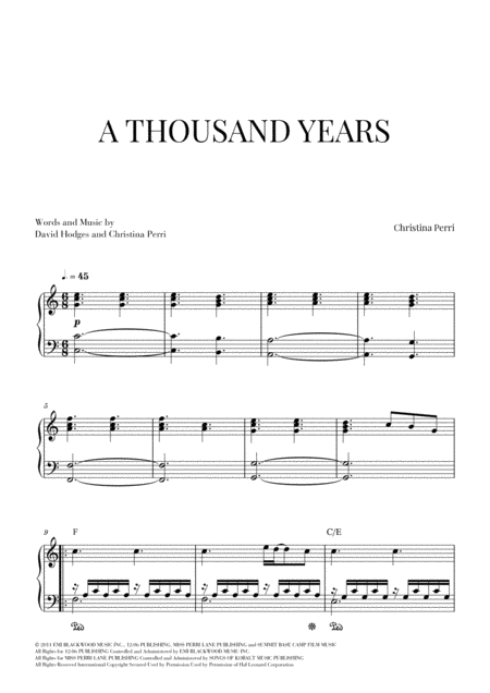 A Thousand Years Piano Solo Intermediate Advanced C Major Sheet Music