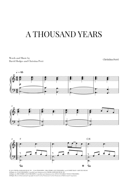 A Thousand Years Piano Solo Intermediate C Major Sheet Music