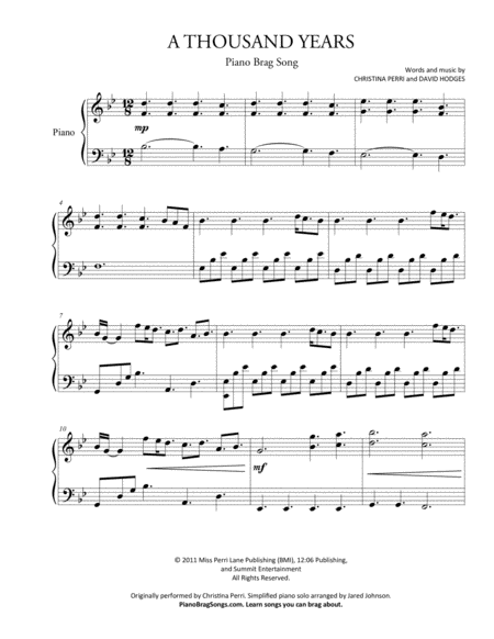 Free Sheet Music A Thousand Years Short Piano Solo