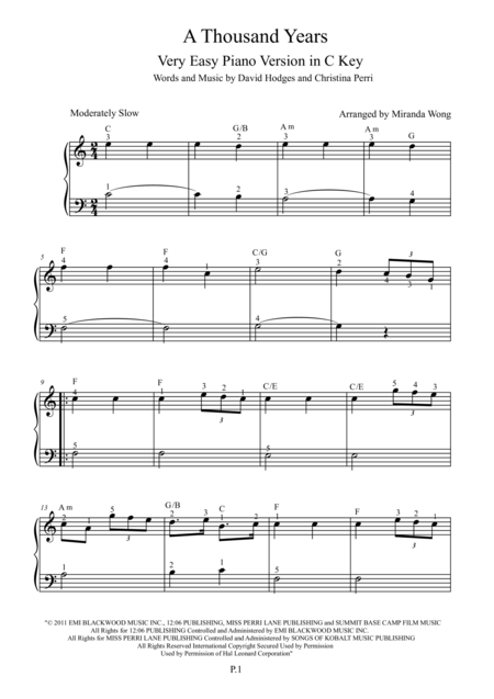 A Thousand Years Very Easy Piano Solo In C Key With Fingerings Sheet Music