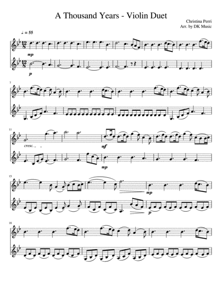 A Thousand Years Violin Duet Sheet Music