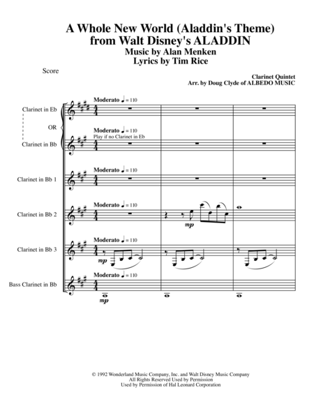 A Whole New World Aladdins Theme From Walt Disneys Aladdin For Clarinet Quintet Sheet Music