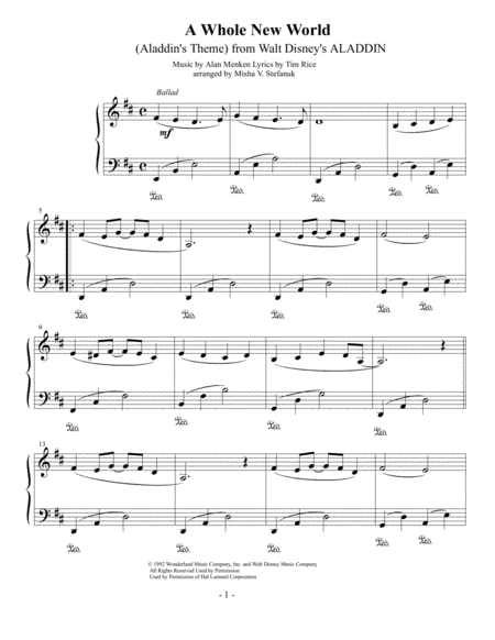 A Whole New World Easy Piano Solo Sheet Music