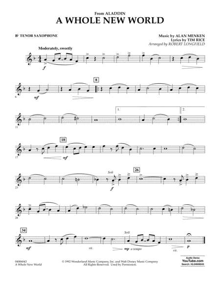 Free Sheet Music A Whole New World From Aladdin Arr Robert Longfield Bb Tenor Saxophone