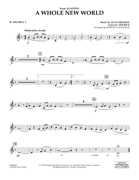 A Whole New World From Aladdin Arr Robert Longfield Bb Trumpet 2 Sheet Music