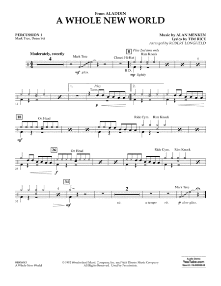 A Whole New World From Aladdin Arr Robert Longfield Percussion 1 Sheet Music