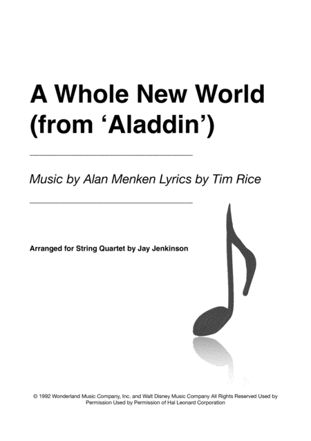 A Whole New World From Aladdin For String Quartet Sheet Music