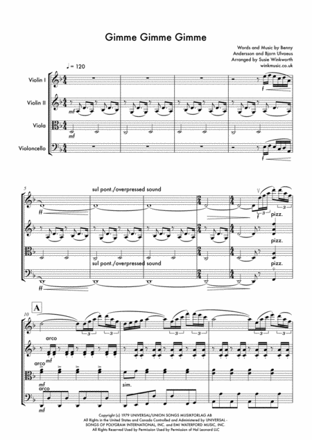 Free Sheet Music Abba Gimme Gimme Gimme A Man After Midnight String Quartet