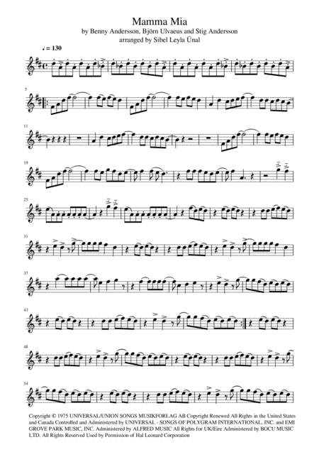 Abba Mamma Mia For String Quartet In D Major Sheet Music